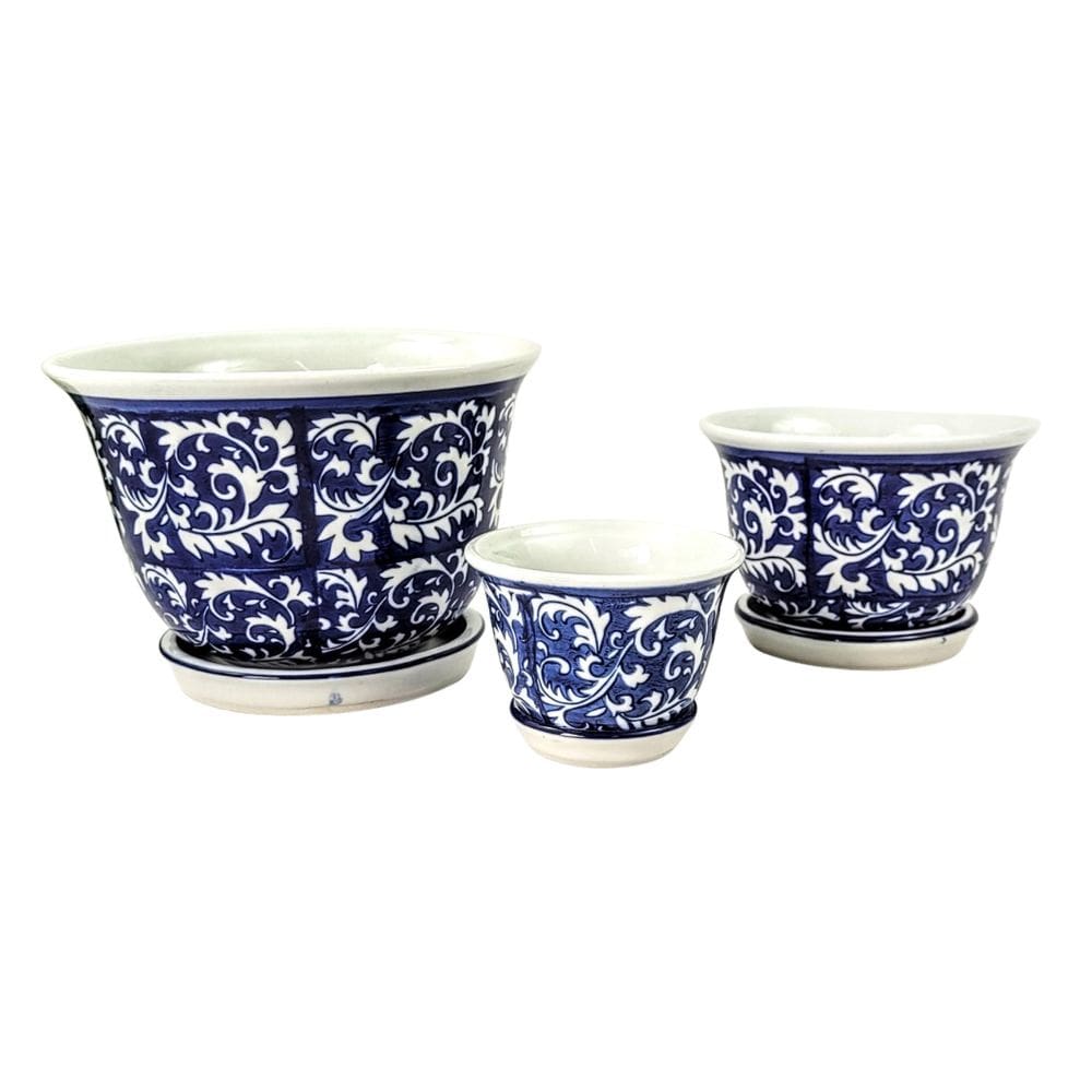 Vaso Azul E Branco 10/15/20Cm Floral Porcelana Kit 3Pc