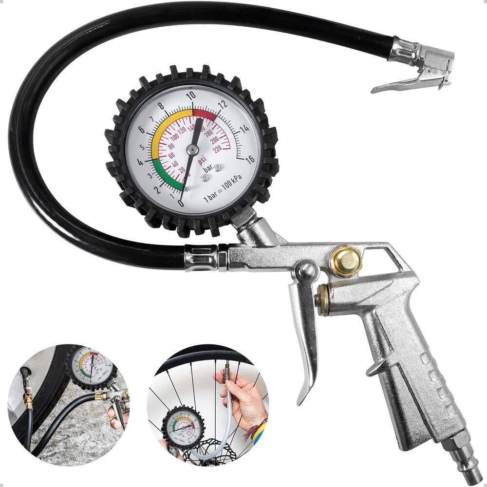 Calibrador De Pneus Pneumático Com Manômetro 220L Bico Forte