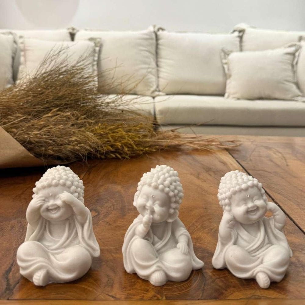 Trio De Esculturas Baby Monges Sábios De Pó De Mármore