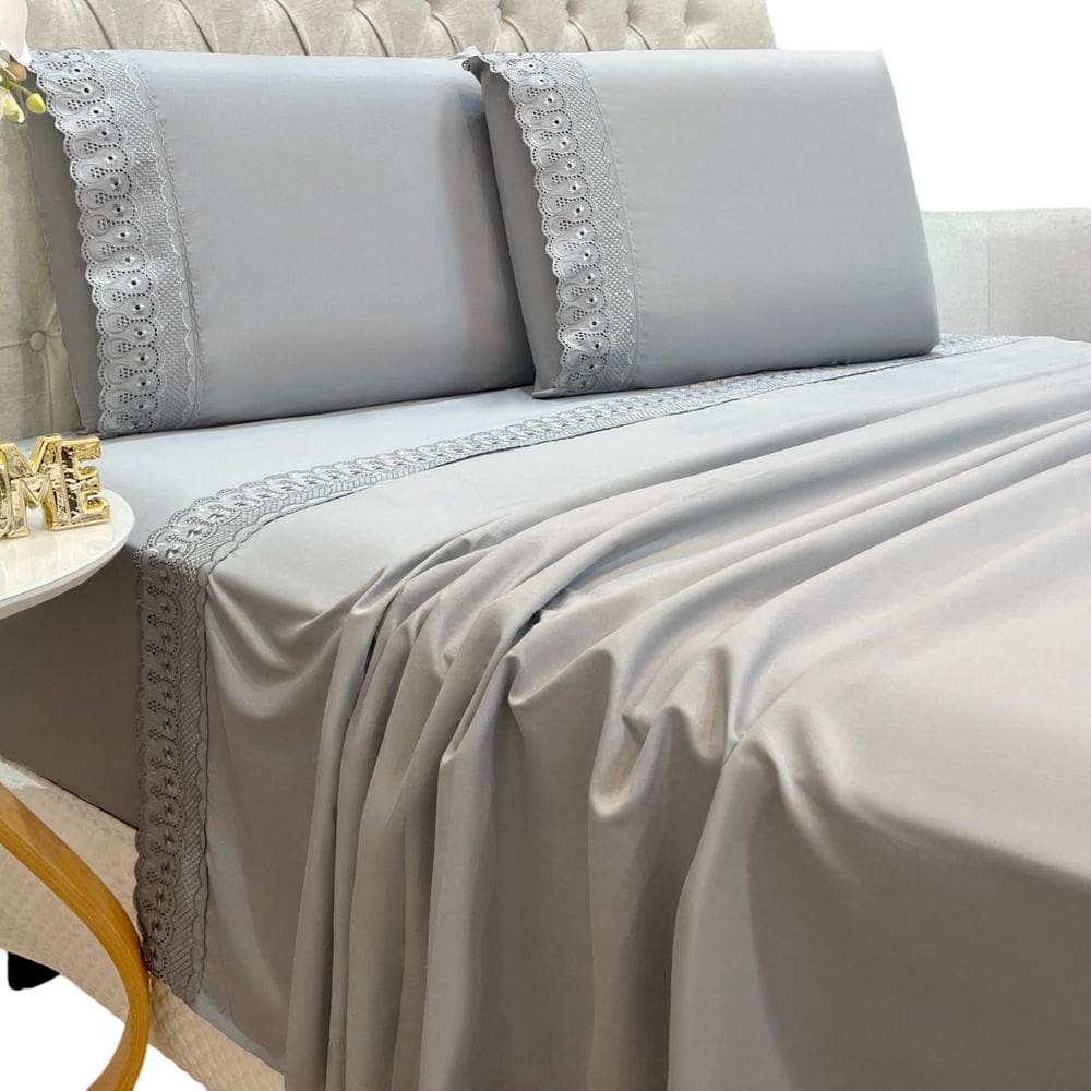 Jogo Lençol Queen Grace Bordado 4pç 100% Poliéster - Cinza