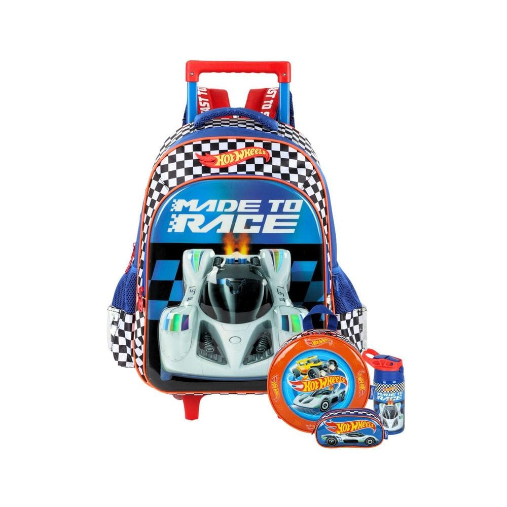 Kit Mochila Rodas+Lancheira+Estojo+Garrafa Hotwheels - Azul