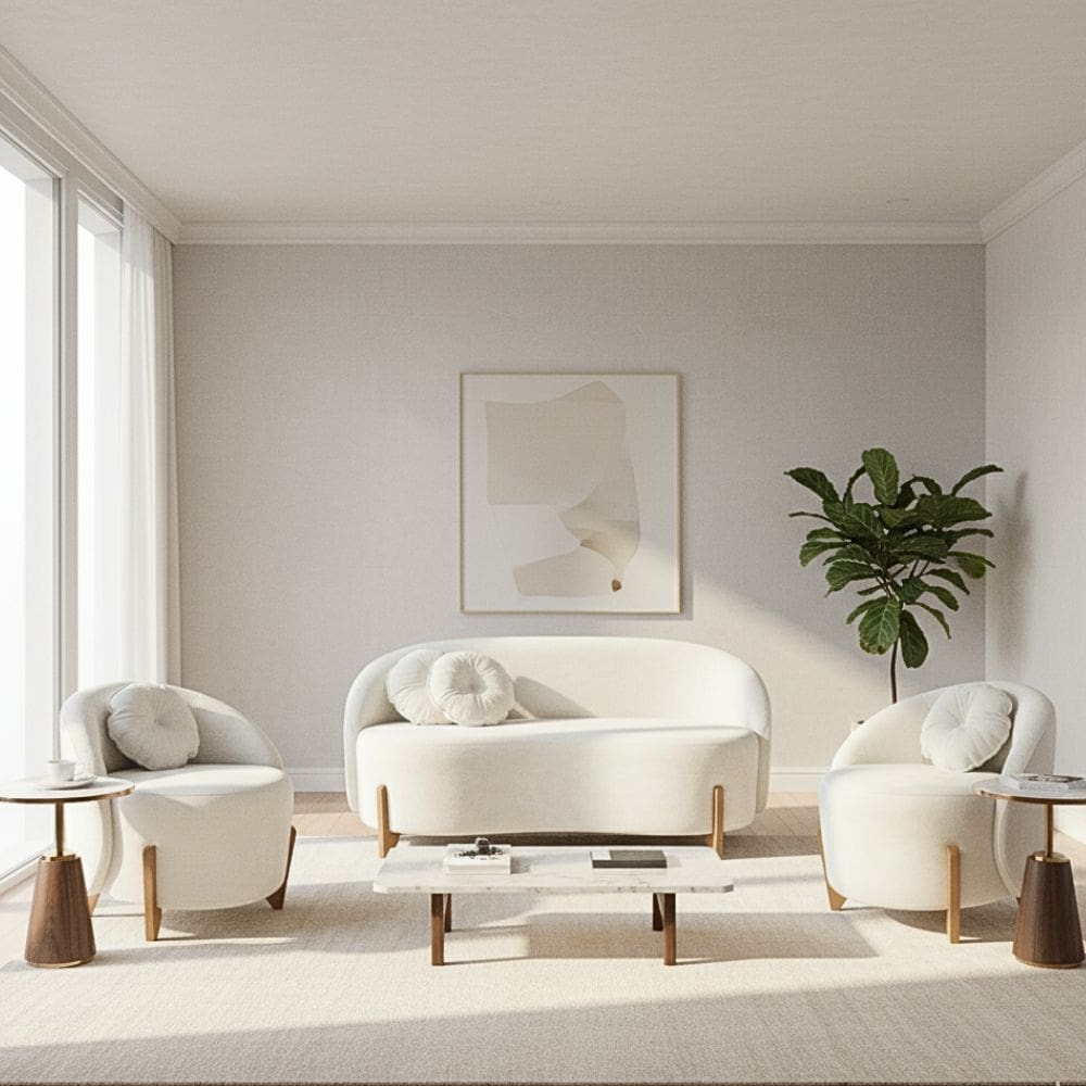 Kit 01 Sofá 2 Lugares + 02 Poltronas Orgânicos c/ Almofadas Curvo Sala Recepção Amsterdã Boucle Branco - Montanari`s Decor