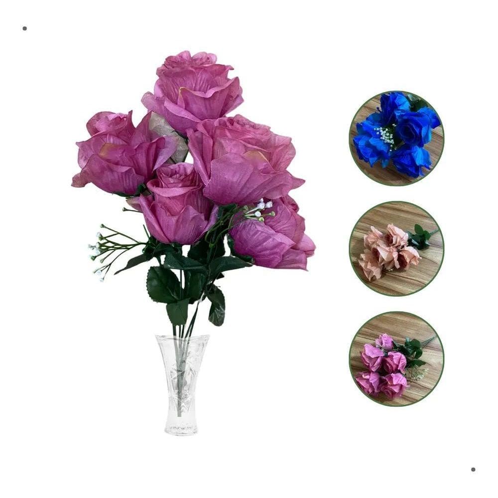 2X Buquê De Rosa Flor Artificial 43Cm 5 Flores Grandes Reali