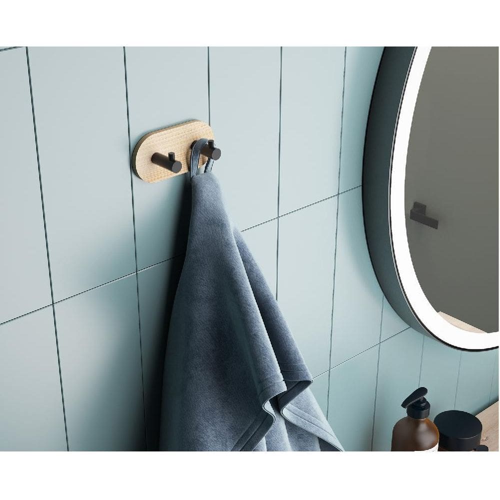 Gancho Adesivo Duplo De Bambu E Metal Preto Porta Toalhas