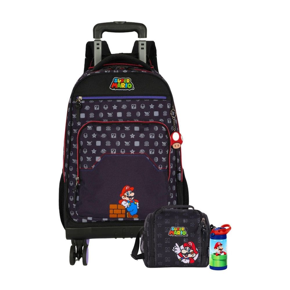 Kit Mochila Rodas + Lancheira + Garrafa Super Mario - Preto