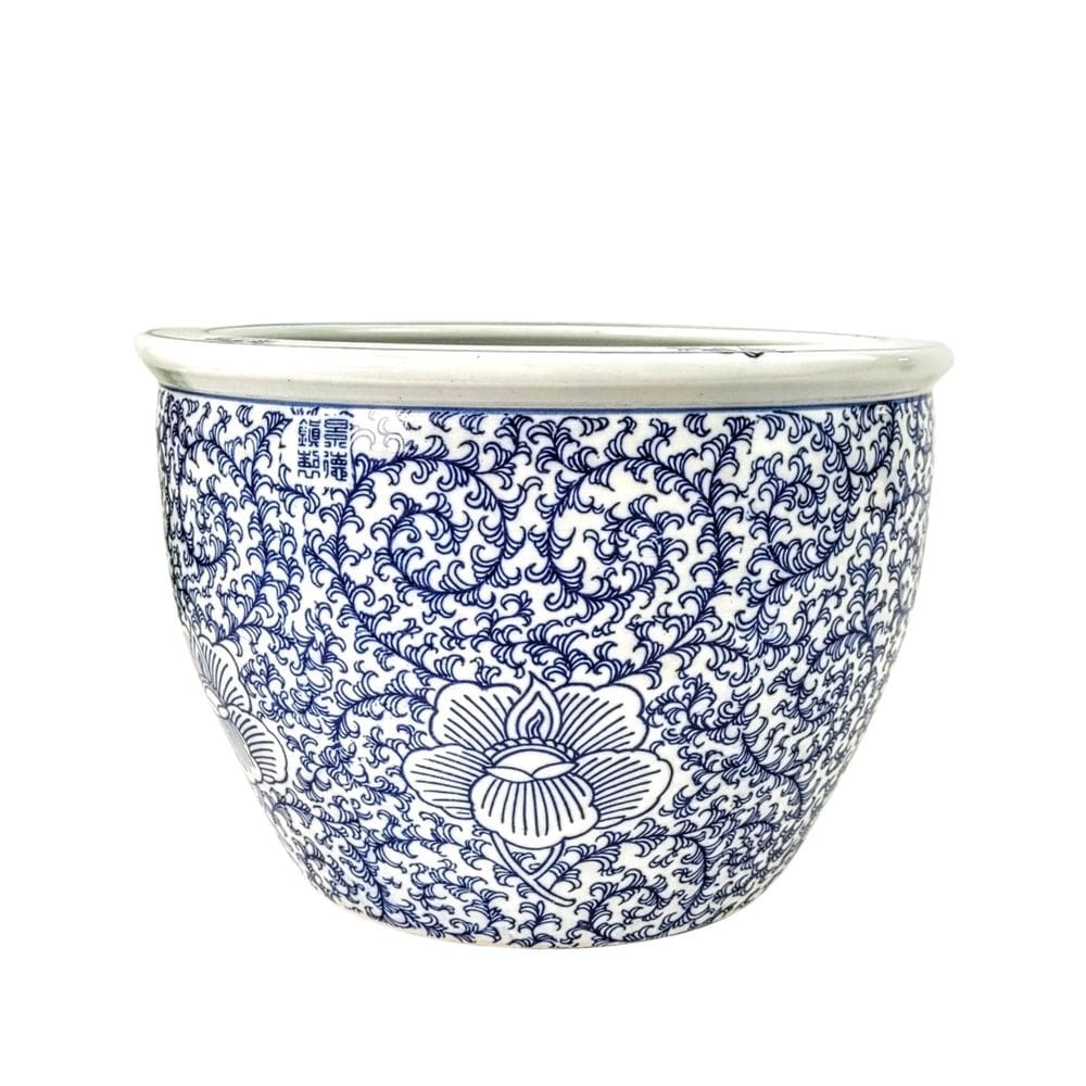 Vaso Cachepot Porcelana Azul E Branco Floral Arabesco 30Cm