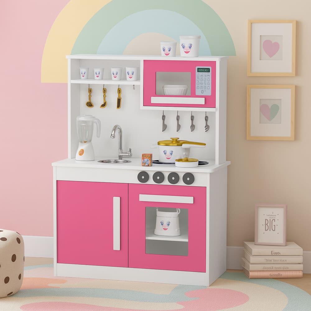 Cozinha Infantil Completa com Armário Fogão Pia e Microondas Brinquedo Educativo