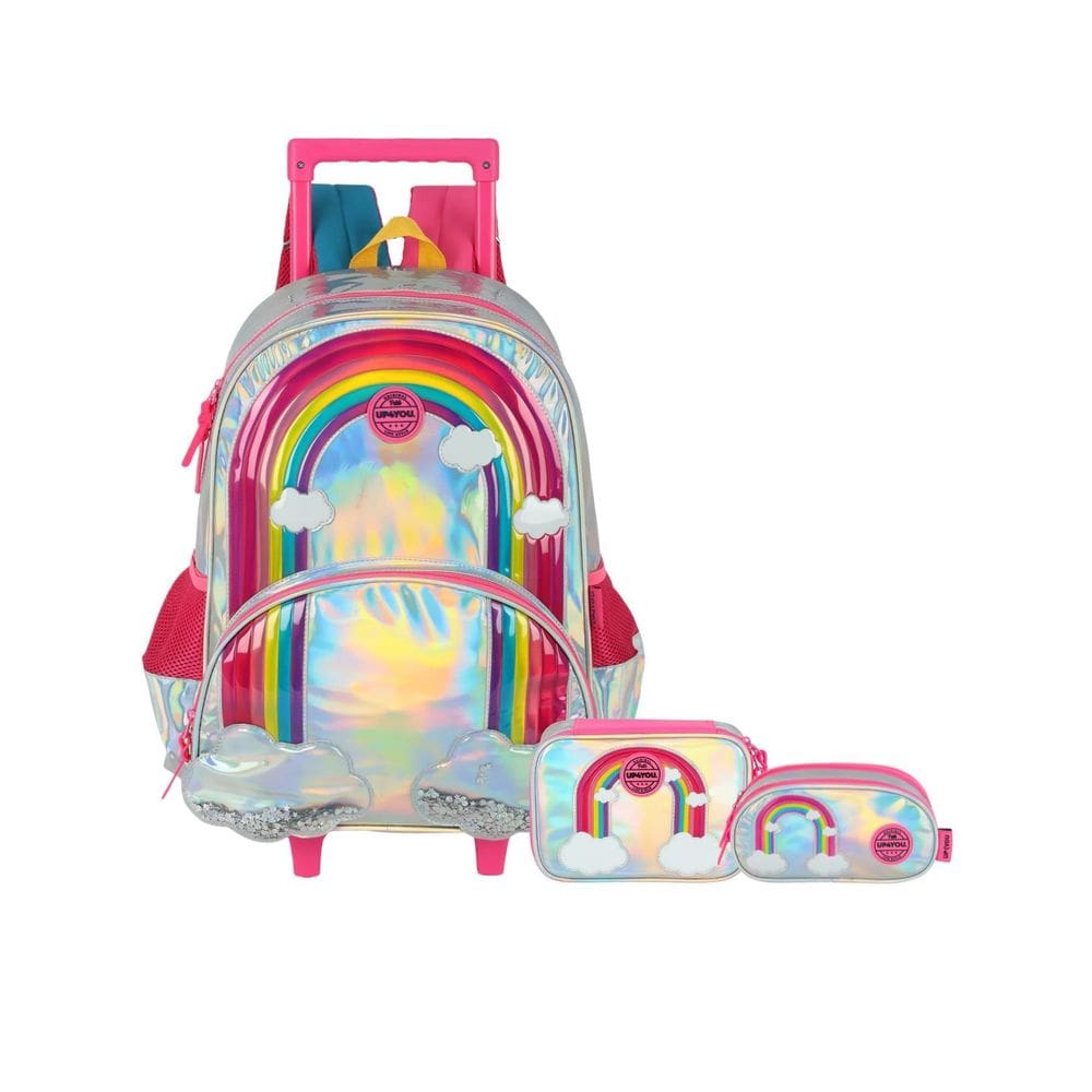 Kit Arco Íris Mochila Rodas E Costas + Lancheira + Estojo