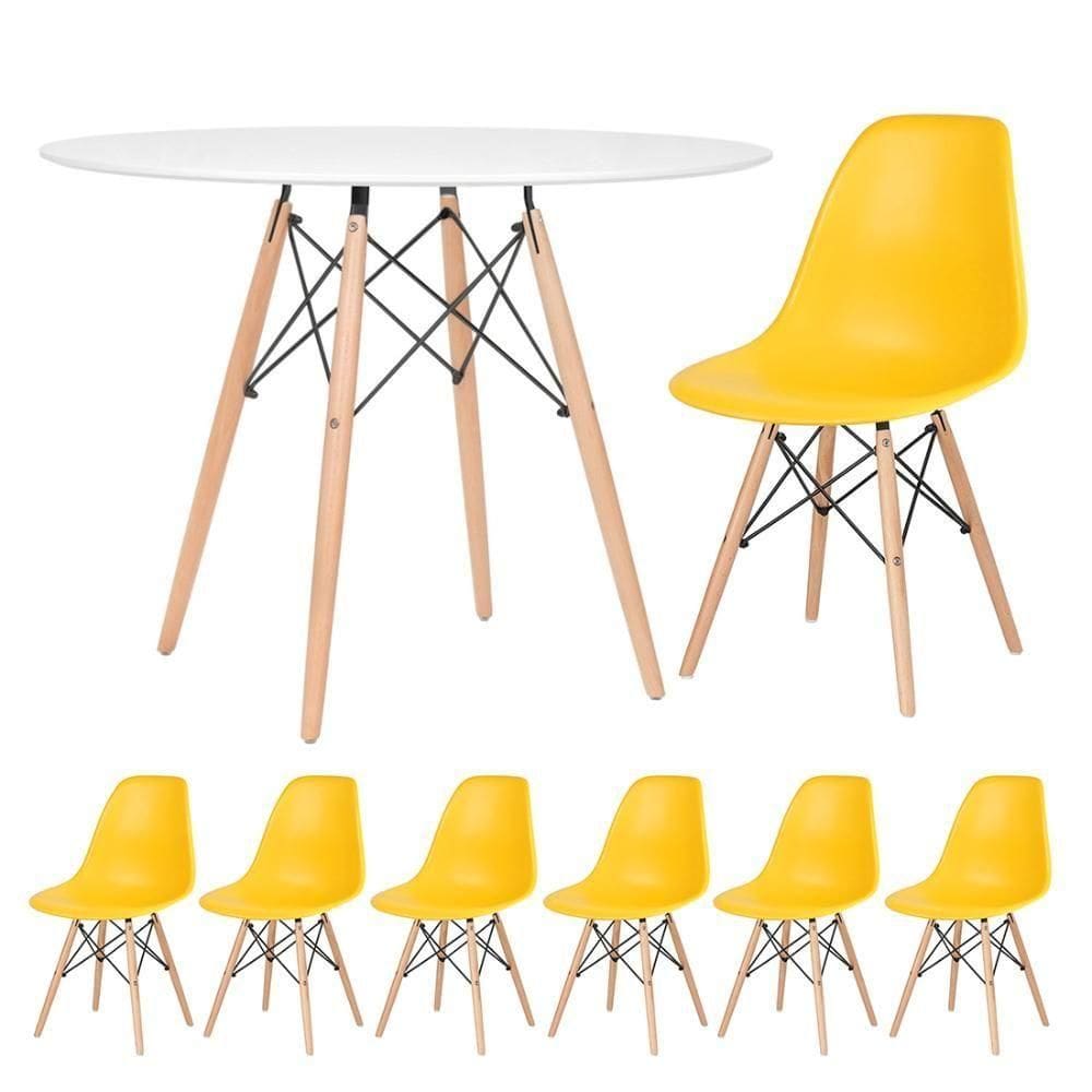 Mesa Redonda 100 Cm Branco + 6 Cadeiras Amarelo