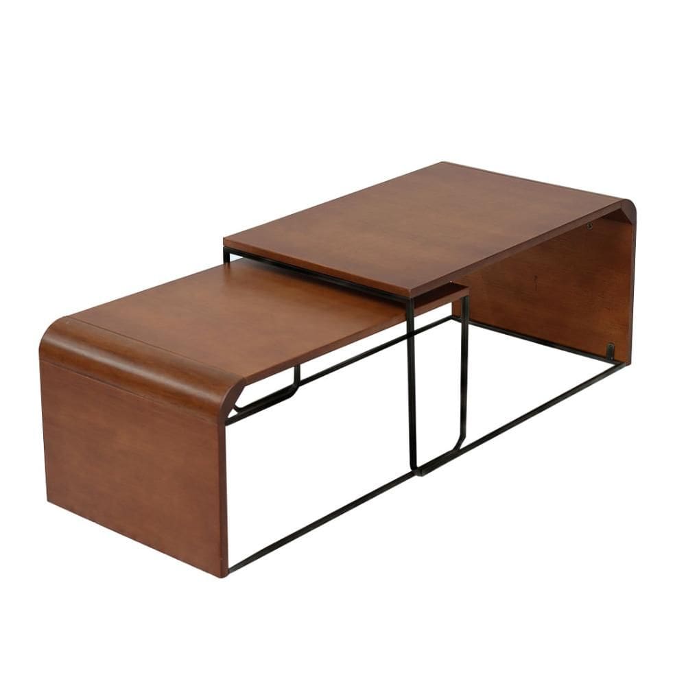 Kit 2 Mesas de Centro Capri Nacional Móveis Modular Retangular Tampo Madeira Pinhão Base Metal Preto
