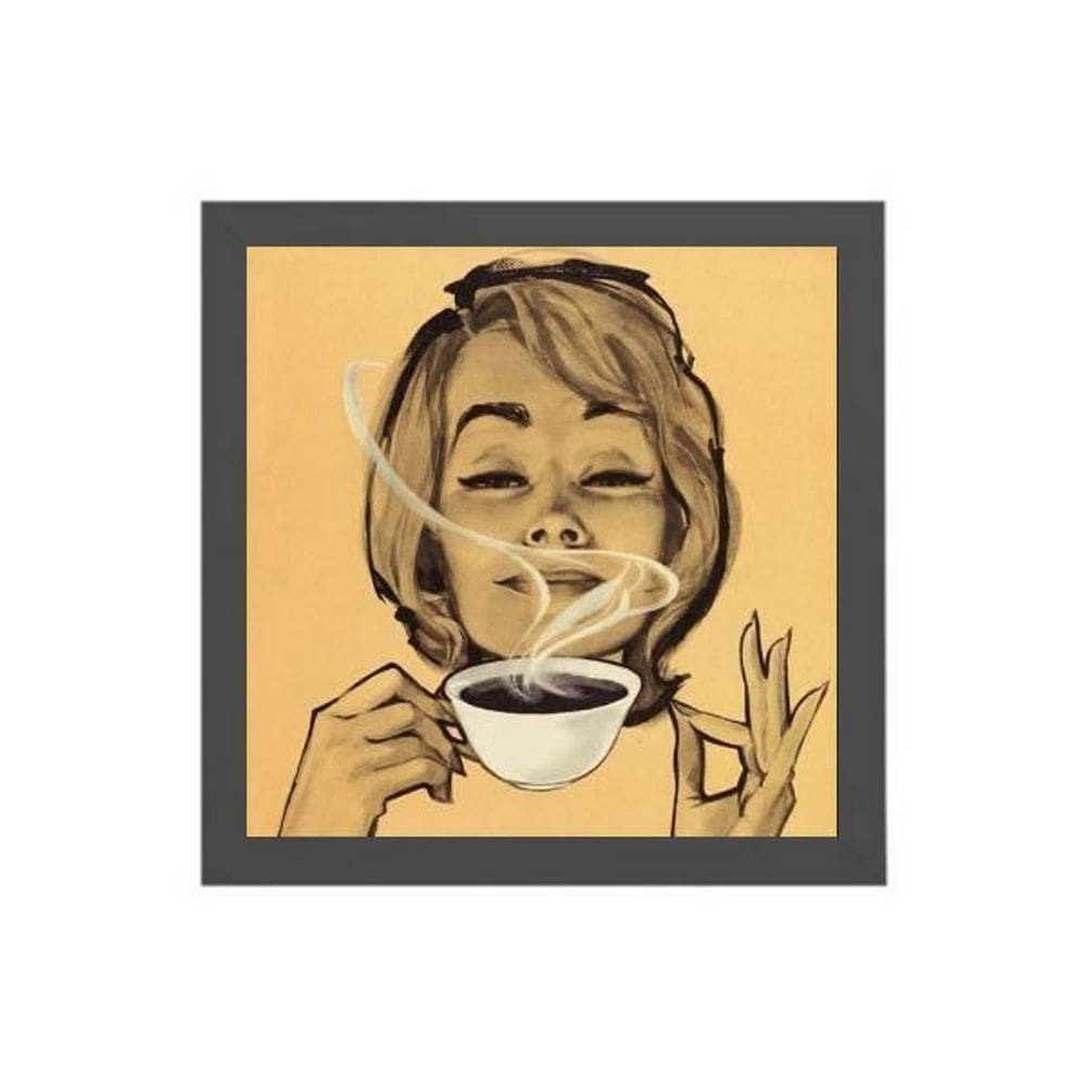 Quadro Quadrado Retrô Mulher Com Café 20X20Cm