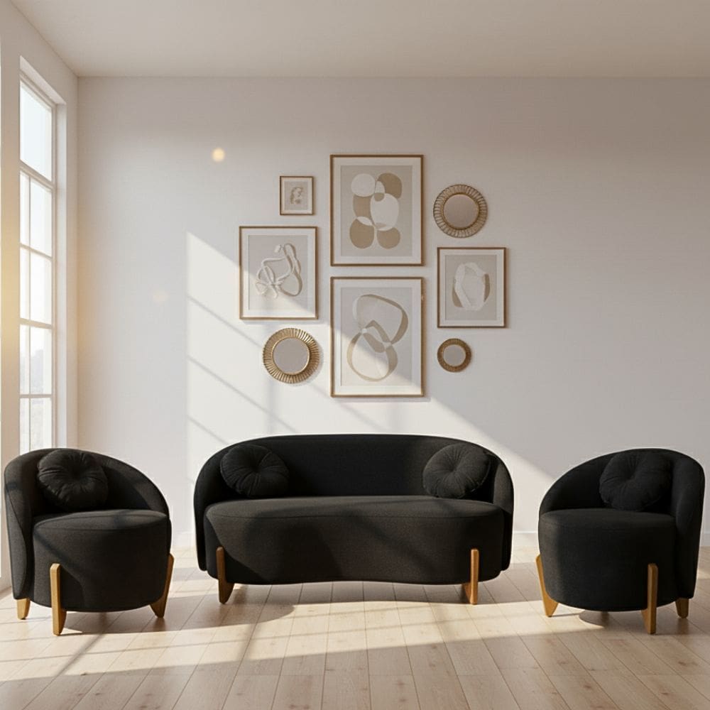 Kit 01 Sofá 2 Lugares + 02 Poltronas Orgânicos c/ Almofadas Curvo Sala Recepção Amsterdã Boucle Preto - Montanari`s Decor