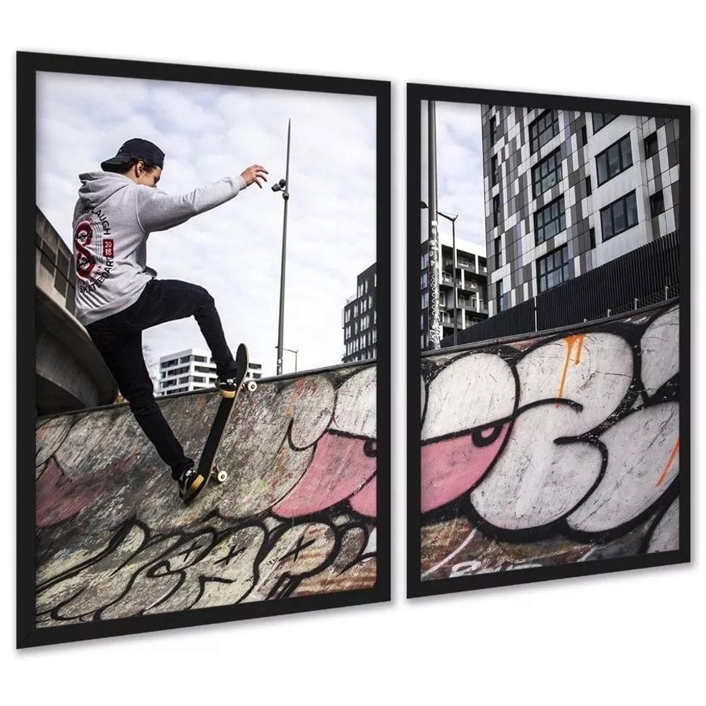 Kit 2 Quadros Skatista Manobra Rampa Grafite 24X18Cm - Vidro