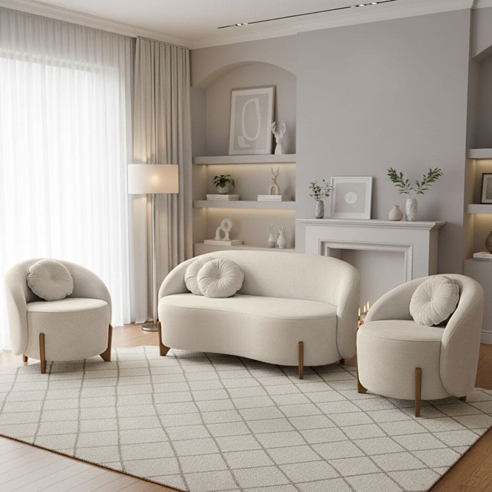 Kit 01 Sofá 2 Lugares + 02 Poltronas Orgânicos c/ Almofadas Curvo Sala Recepção Amsterdã Boucle Off White - Montanari`s Decor