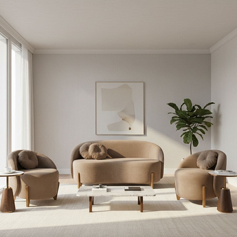 Kit 01 Sofá 2 Lugares + 02 Poltronas Orgânicos c/ Almofadas Curvo Sala Recepção Amsterdã Boucle Cappuccino - Montanari`s Decor