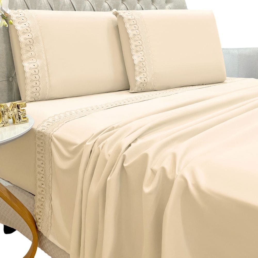 Jogo Lençol Queen Grace Bordado 4pç 100% Poliéster - Areia