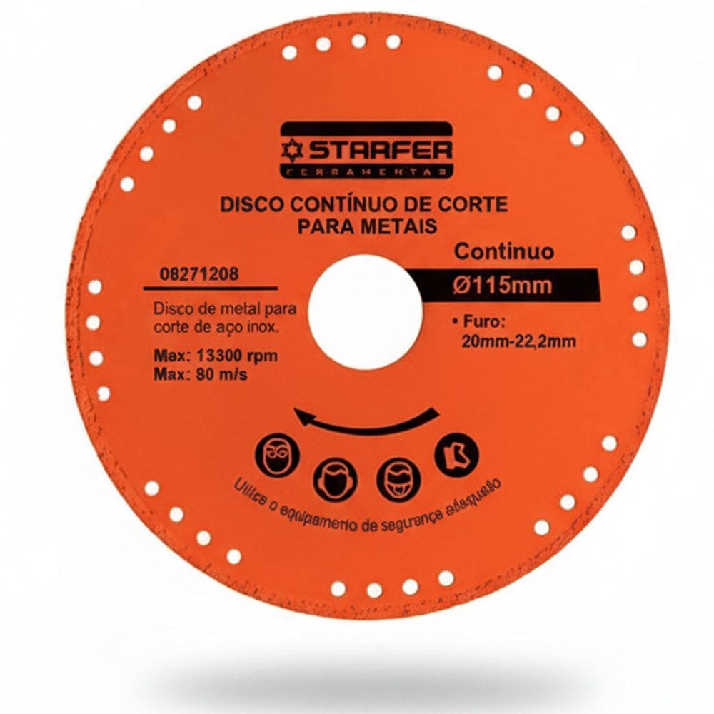 Disco de Corte Contínuo 115mm com Furo 22mm Starfer para Inox, Ferro e Metais em Geral, Corte Fino, Alta Durabilidade e Produtividade