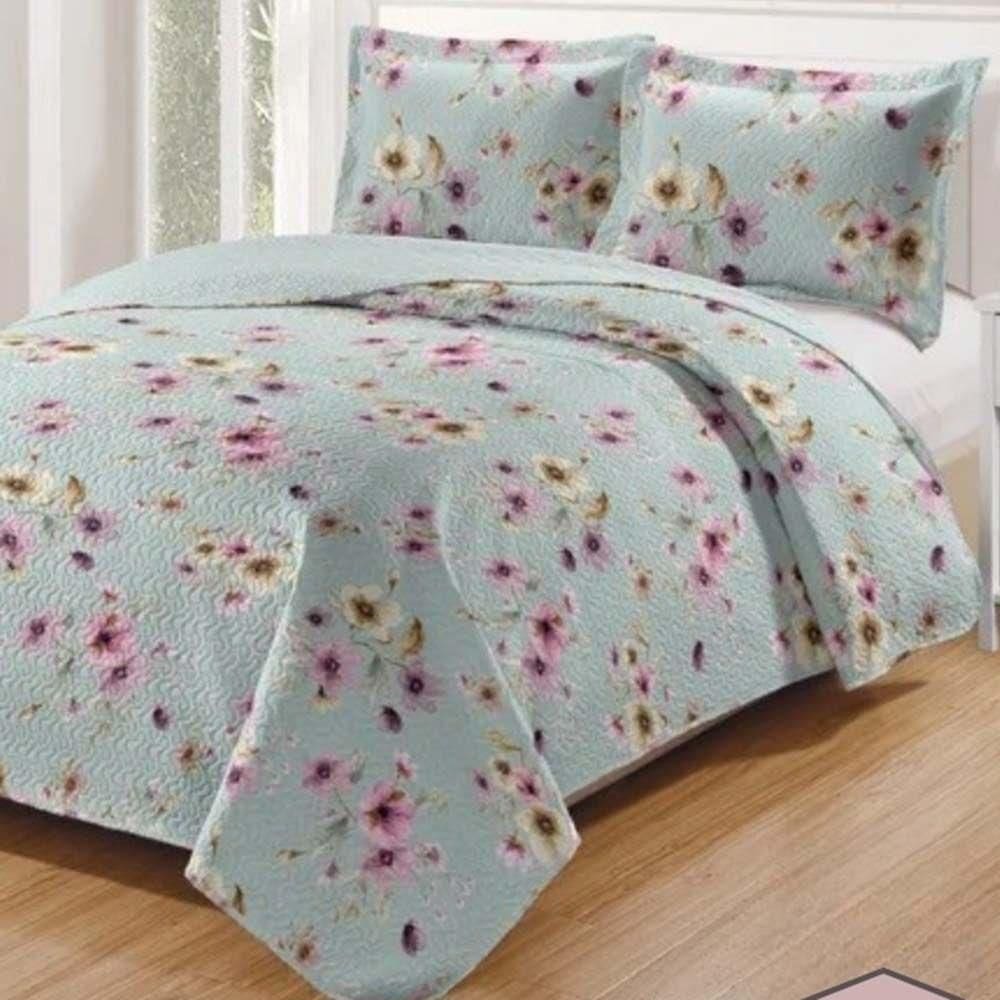 Kit Cobre Leito Colcha Daily Casal 3 Peças Dupla Face Estampado - Floral 55 - 100% Poliéster