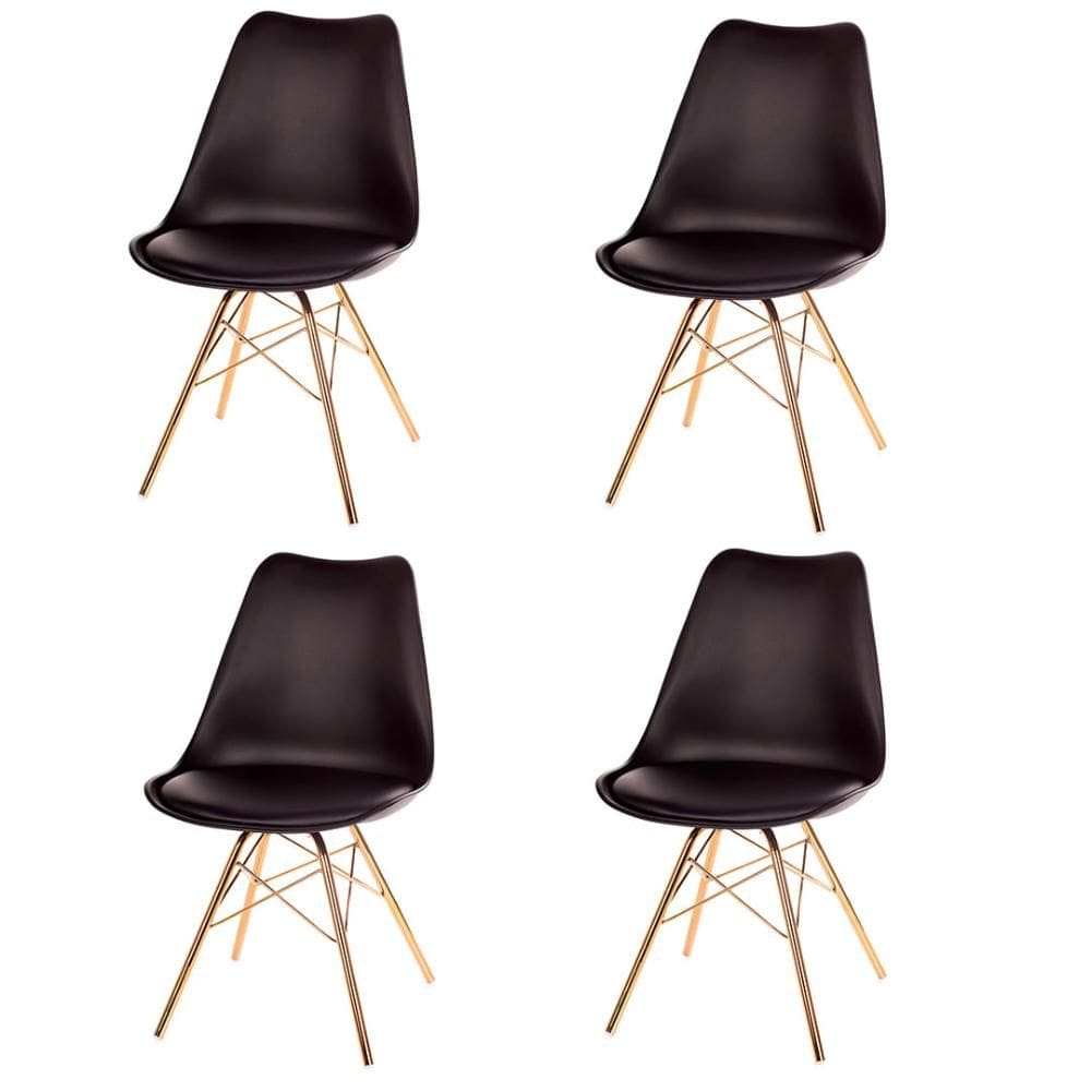 Kit 4 Cadeiras ANM6067F Eames Saarinen Joly Anima Office Polipropileno Preto Base Ferro Dourada