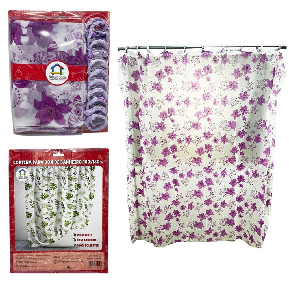 Cortina Para Box Banheiro Com Ganchos 100% Poliester 180Cm