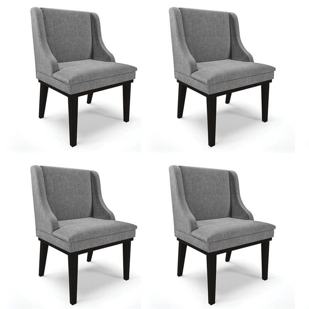 Kit 4 Cadeiras Estofadas Para Sala De Jantar Base Fixa De Madeira Preto Lia Linho Grafite - Ibiza