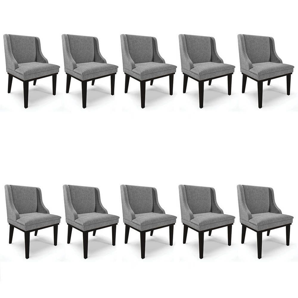Kit 10 Cadeiras Estofadas Para Sala De Jantar Base Fixa De Madeira Preto Lia Linho Grafite - Ibiza