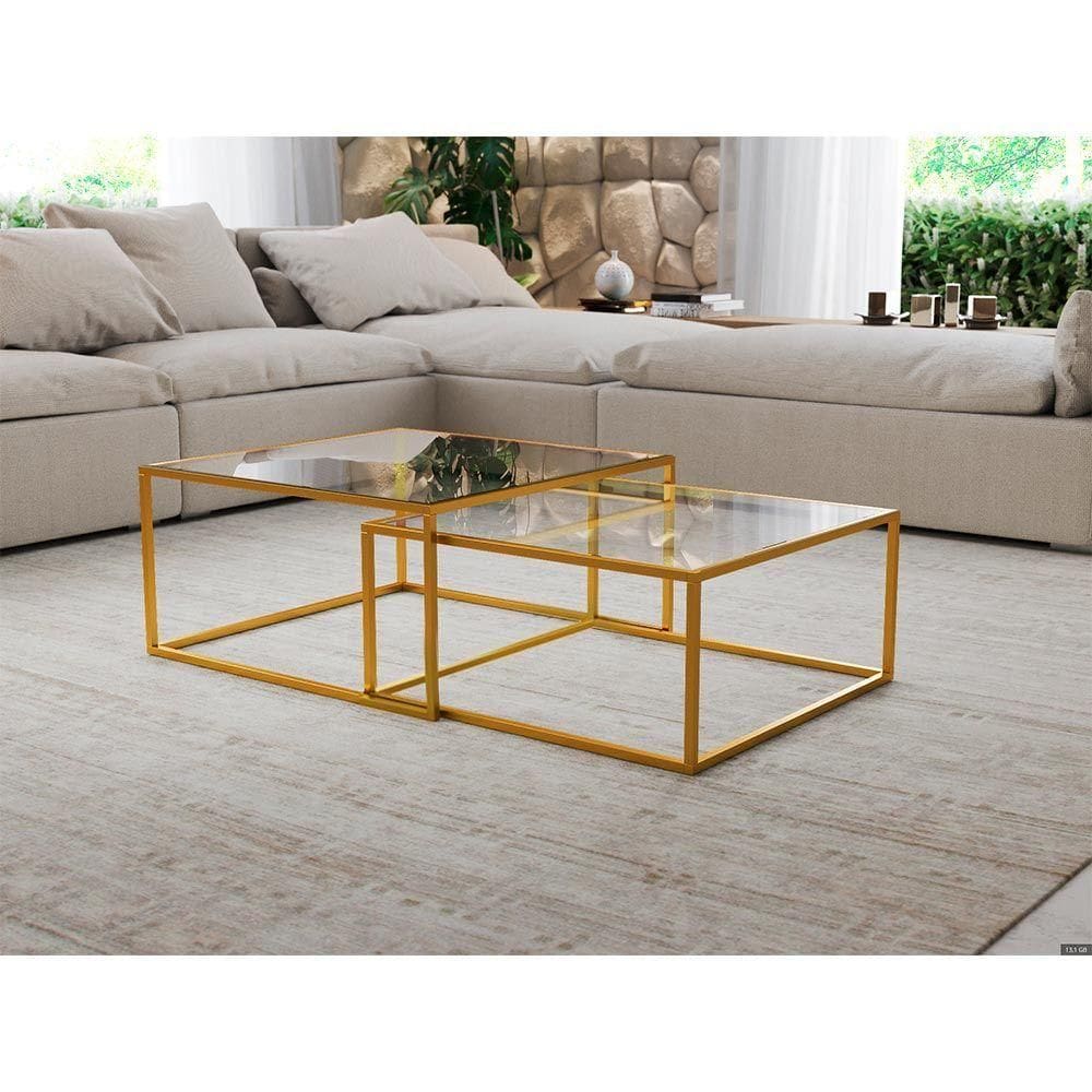 Mesa De Centro Industrial Moderna Atemporal Duo Catarina Dourado E Tampo De Vidro