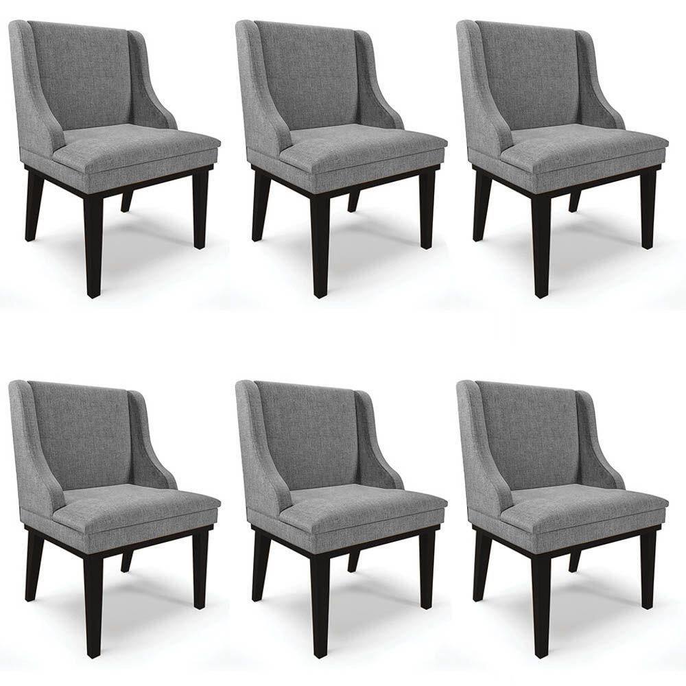 Kit 6 Cadeiras Estofadas Para Sala De Jantar Base Fixa De Madeira Preto Lia Linho Grafite - Ibiza
