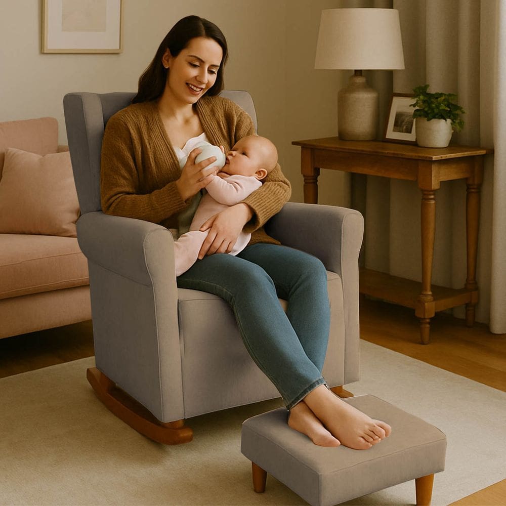 Poltrona Aquila Amamentação Balanço e Puff Baby Capuccino