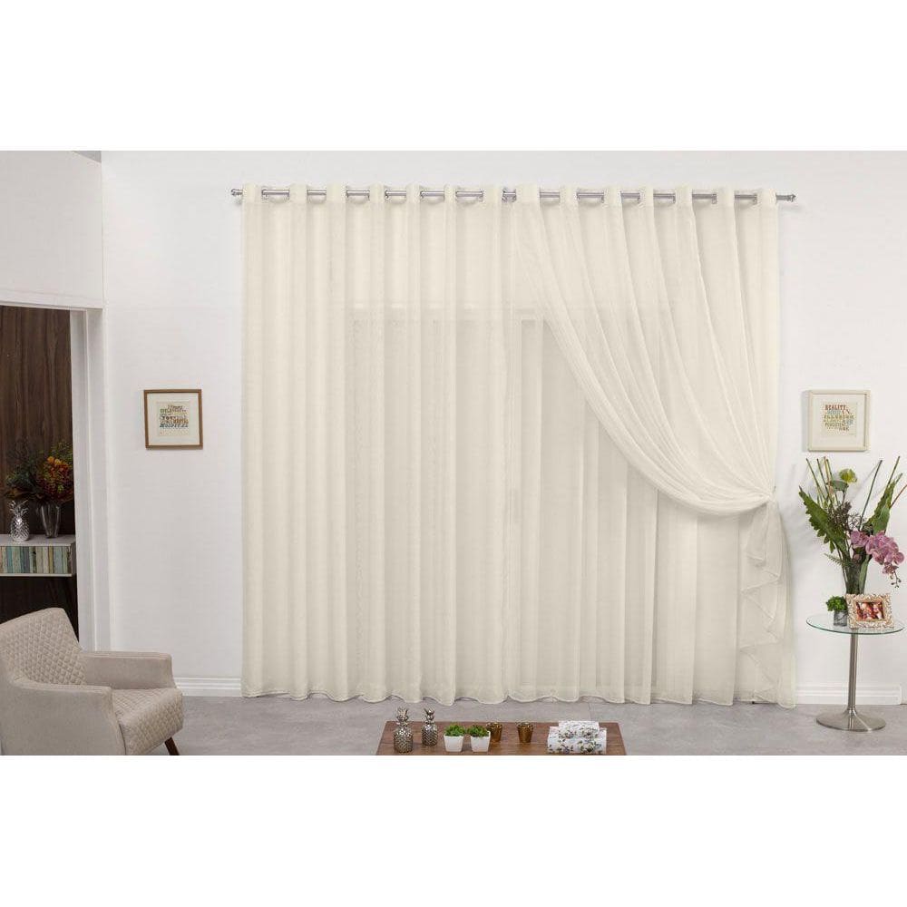 Cortina De Varão Voil Duplo Pérola 3,00X2,80 Sala Quarto
