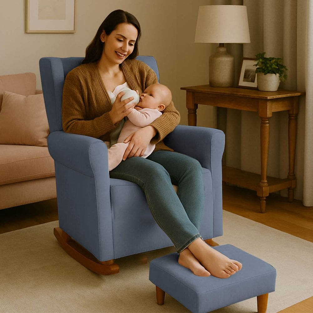 Poltrona Aquila Amamentação Balanço e Puff Baby Cinza