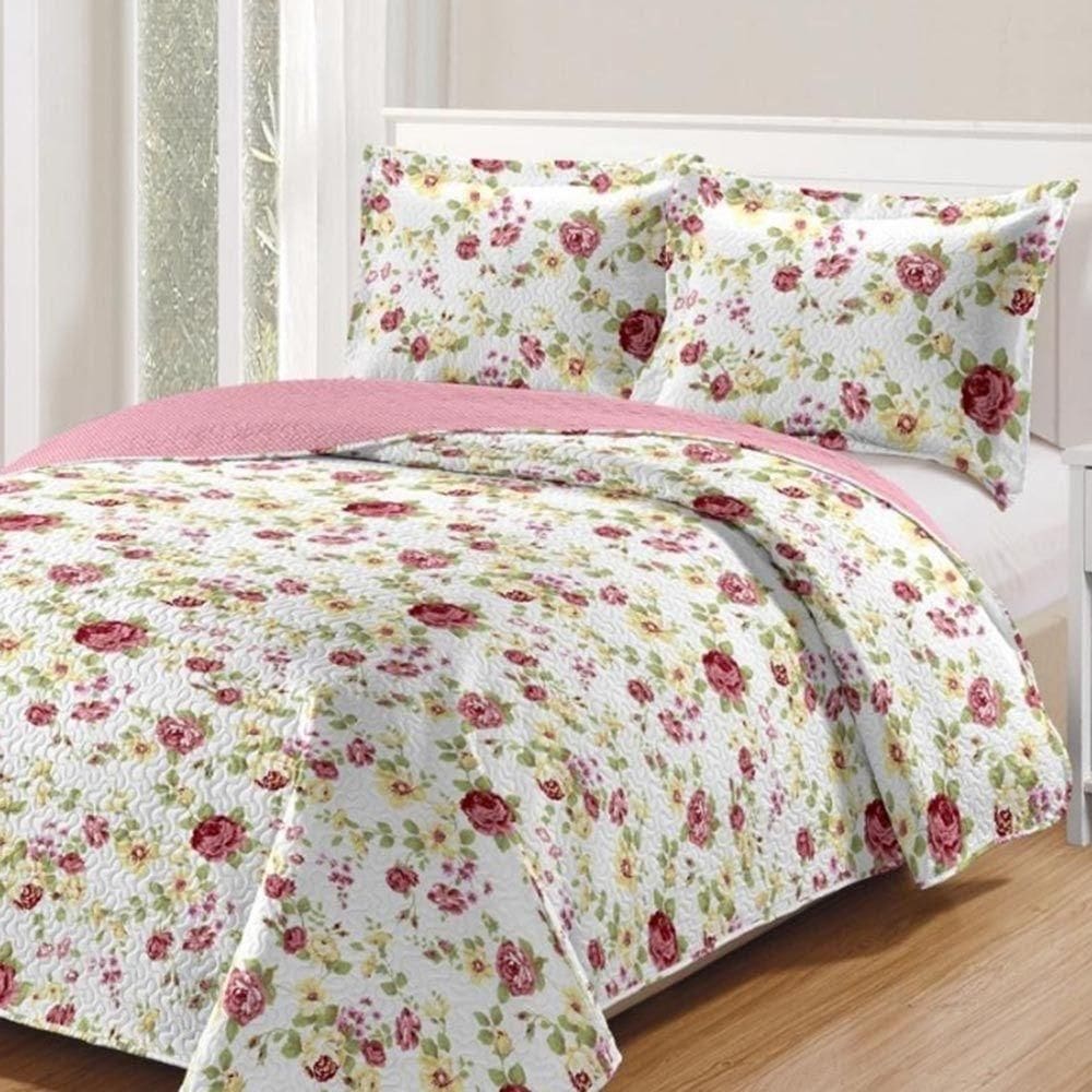 Kit Cobre Leito Colcha Daily Casal 3 Peças Dupla Face Estampado - Floral 32 - 100% Poliéster