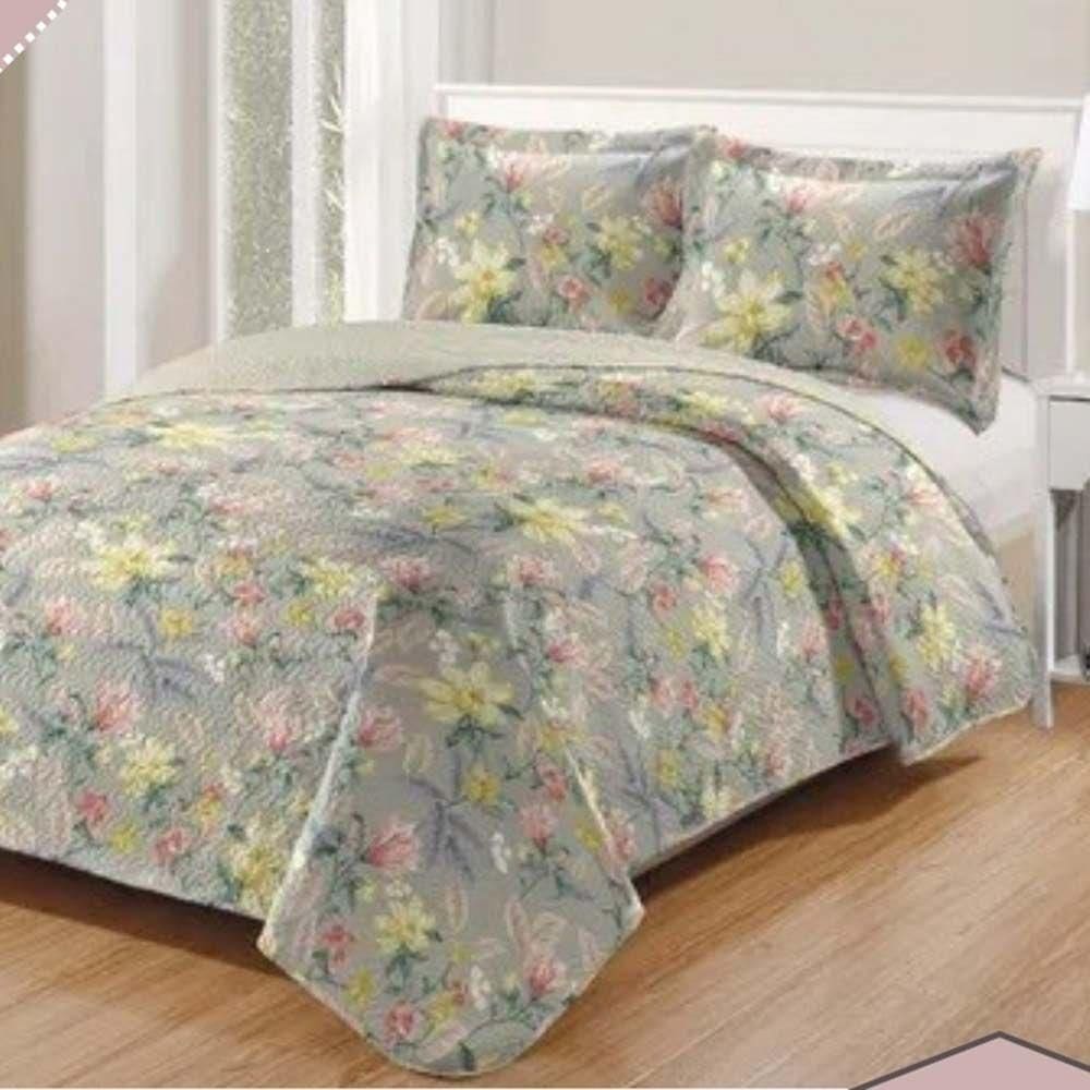 Kit Cobre Leito Colcha Daily King 3 Peças Dupla Face Estampado - Floral 54 - 100% Poliéster