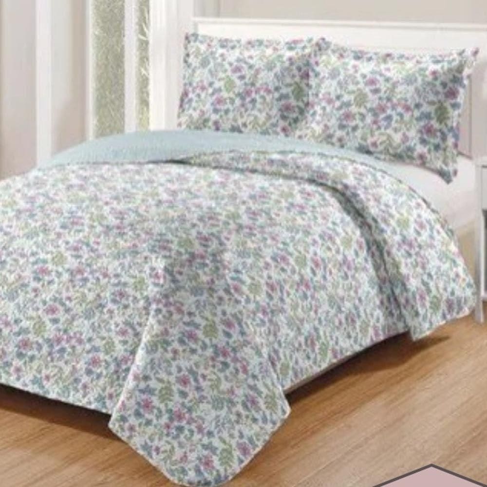 Kit Cobre Leito Colcha Daily Queen 3 Peças Dupla Face Estampado - Floral 56 - 100% Poliéster