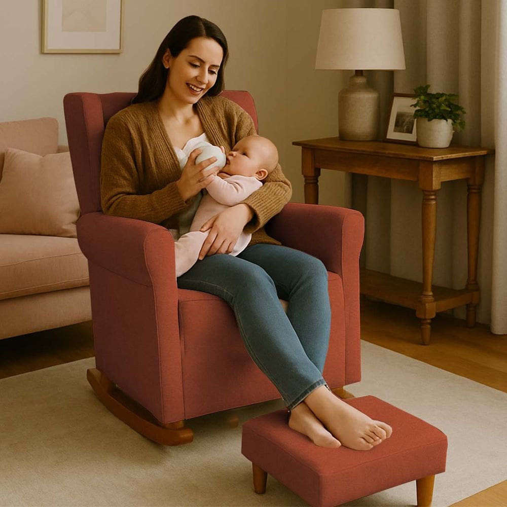 Poltrona Aquila Amamentação Balanço e Puff Baby TerraCota