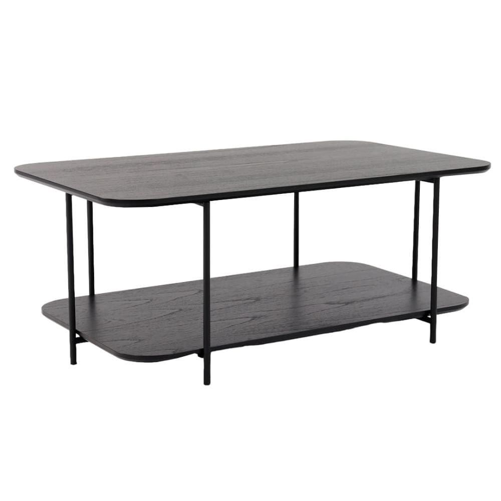 Mesa de Centro Lógica Retangular Nacional Móveis 90cm (larg) Tampo MDF Ébano Preto Base Metal Preto