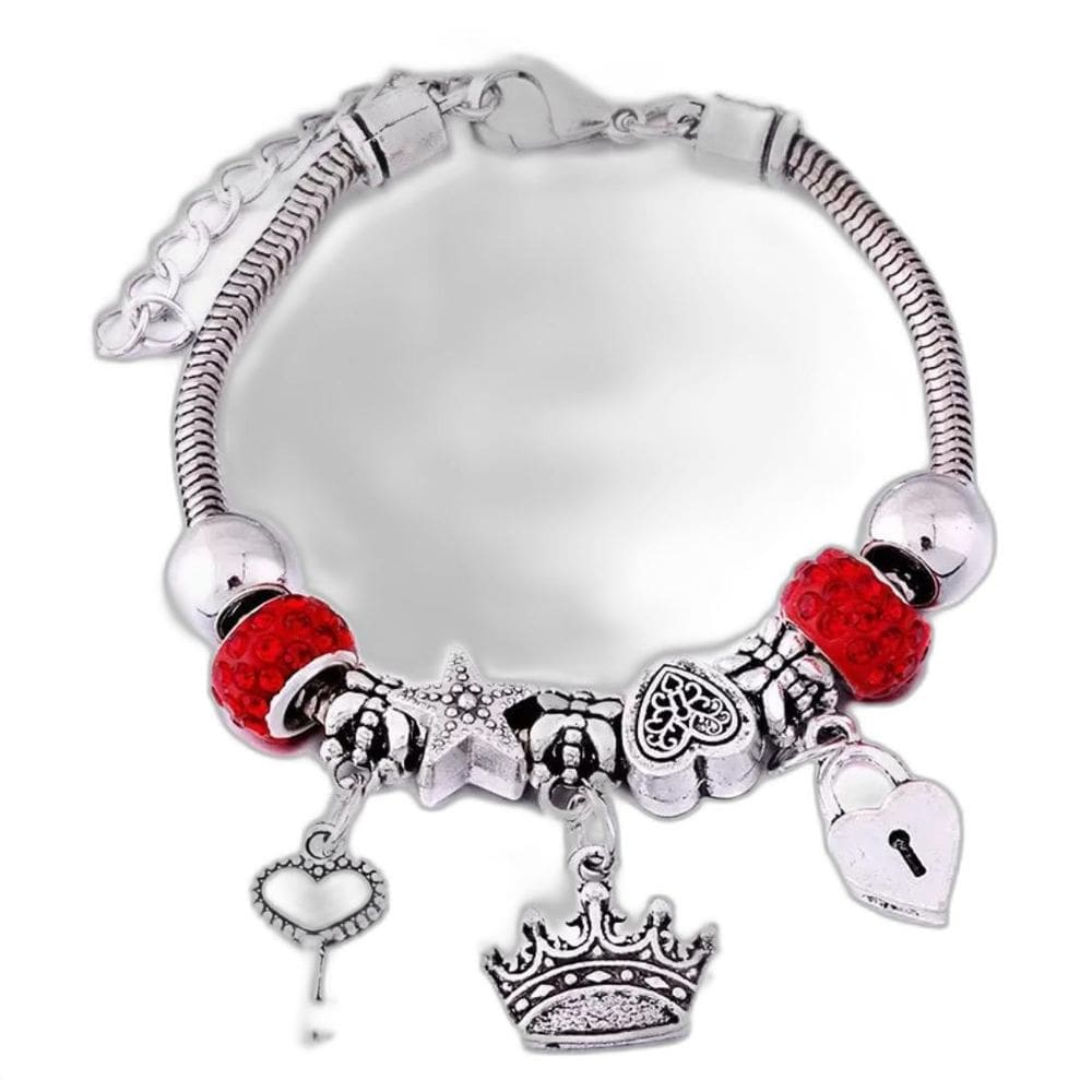 Pulseira Berloque Prateada Coroa Coração Fechadura B7523