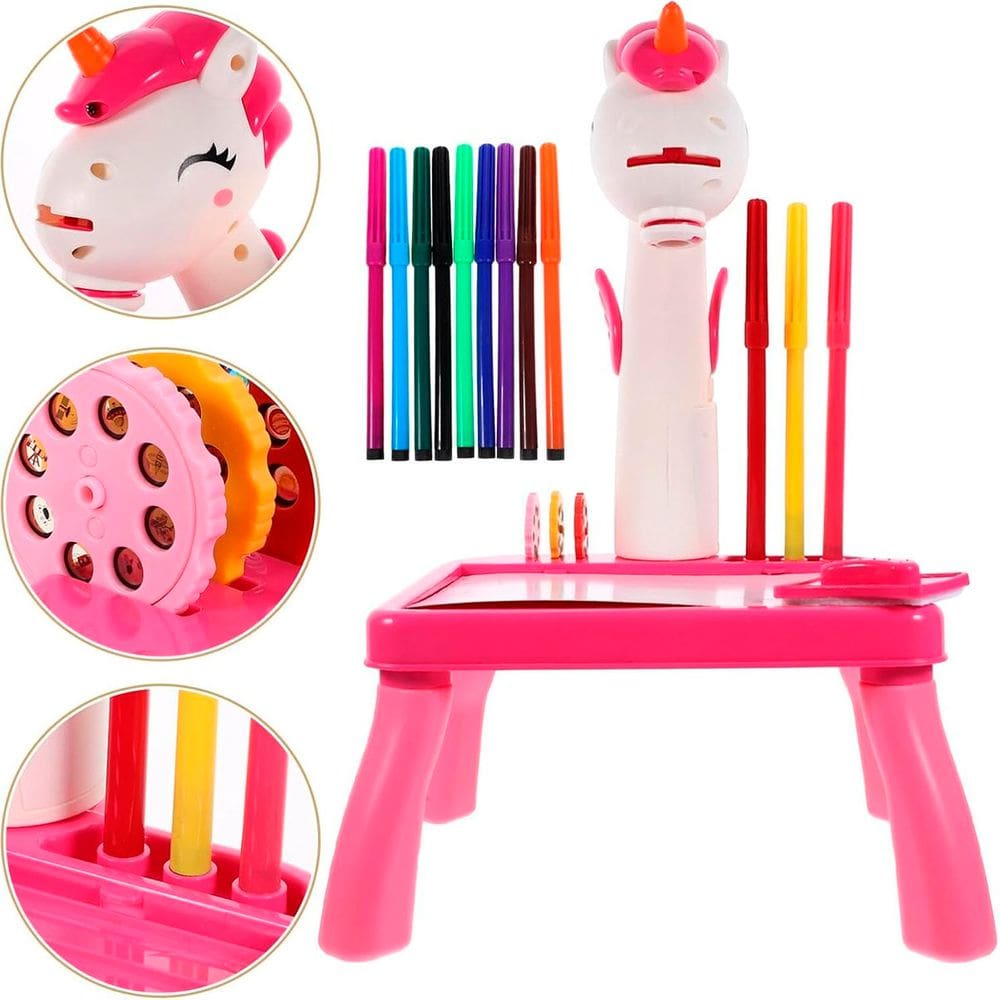 Brinquedo Mesinha De Pintura Projetor Unicórnio Rosa Canetas