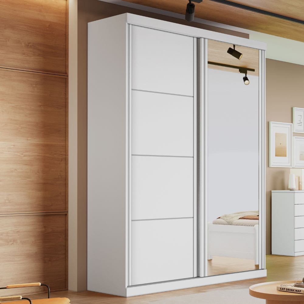 Guarda Roupa Solteiro com Espelho 2 Portas de Correr em MDF Buzios Bianchi