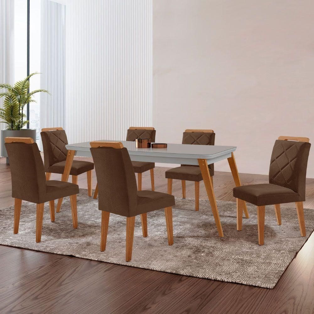 Mesa Copper 180cm Mdf Vidro E 6 Cadeiras Melissa Veludo Marrom/off/nat/serig Off Com Vidro