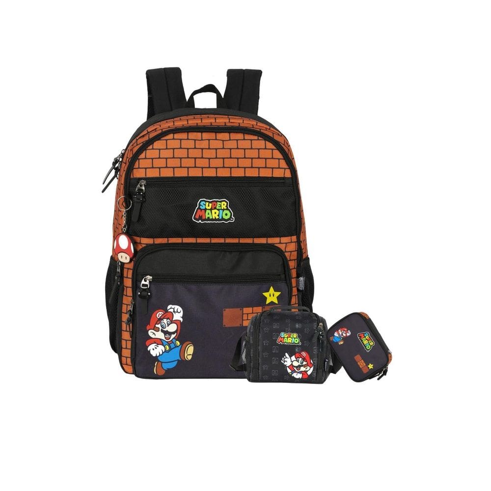 Kit Luxo Super Mario Mochila Costa+Lancheira+Estojo - Marrom