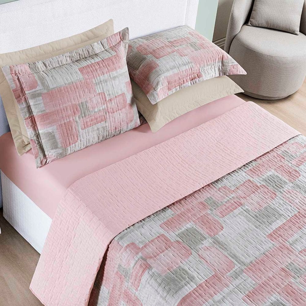 Kit Cobre Leito Colcha Maris Queen Estampado Dupla Face Percalle 200 Fios 3 Peças Quadri Rosê