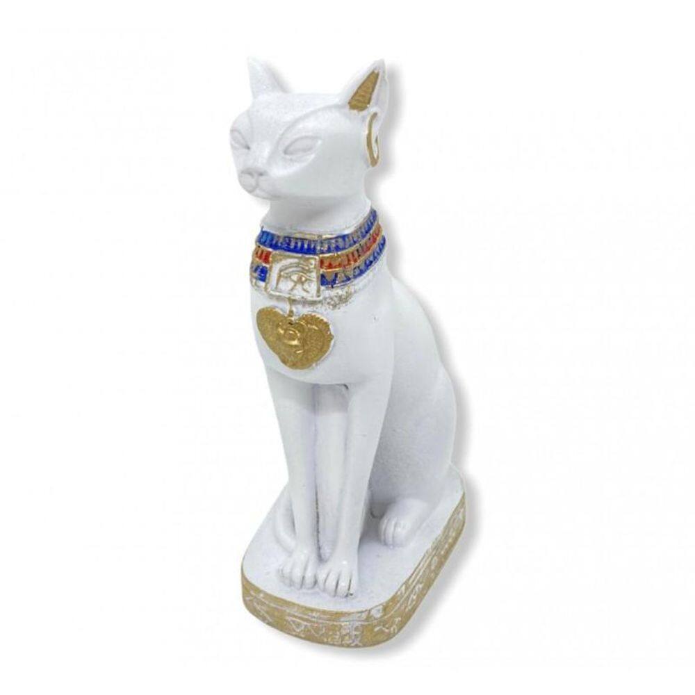 Escultura Egípcia Bastet Cor Branca 9 Cm Em Resina