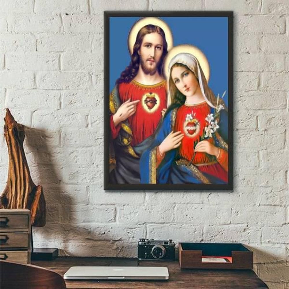 Quadro Sagrado Coração De Jesus E Maria 24X18Cm - Preta