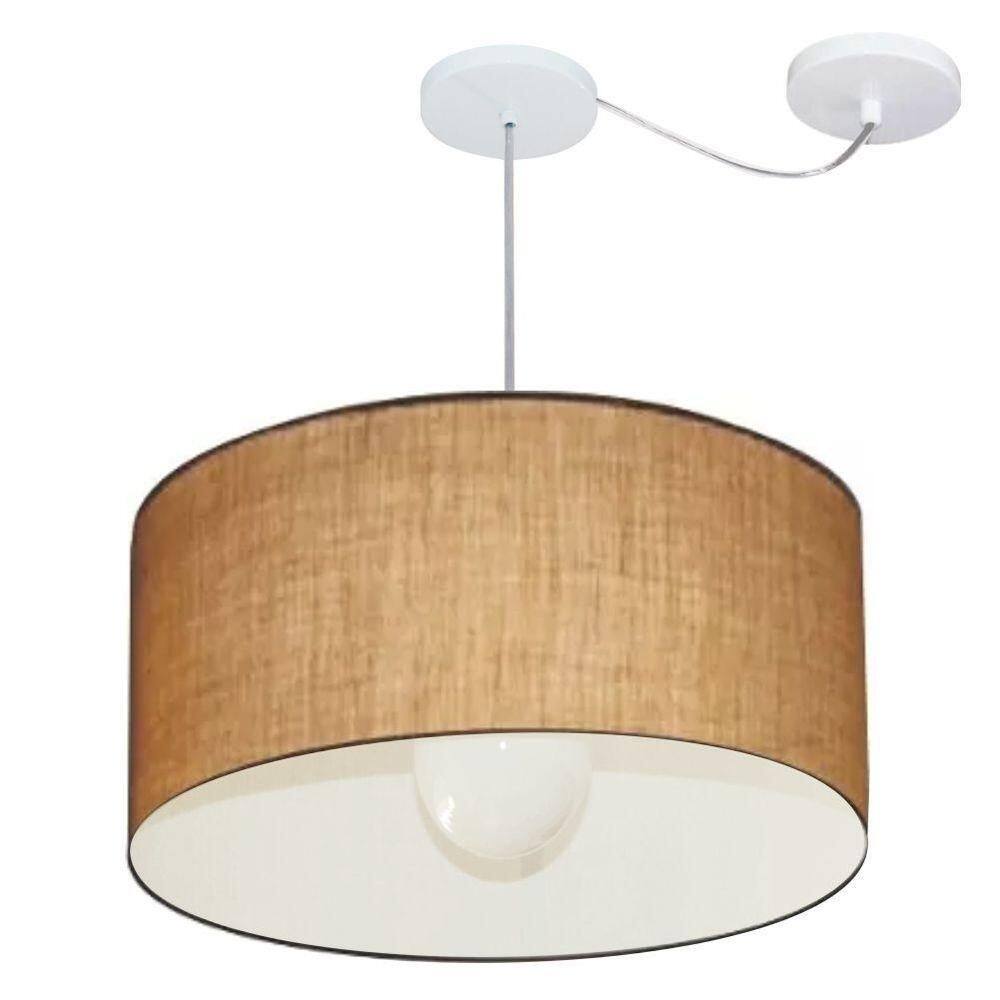 Lustre Pendente Cilíndrico Com Desvio De Centro Vivare Md-4232 Cúpula Em Tecido 55x25cm - Bivolt Palha 127/220v