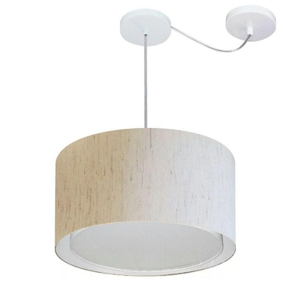 Lustre Pendente Cilíndrico Com Desvio De Centro Vivare Md-4305 Cúpula Em Tecido 40x25cm - Bivolt Linho Bege 127/220v