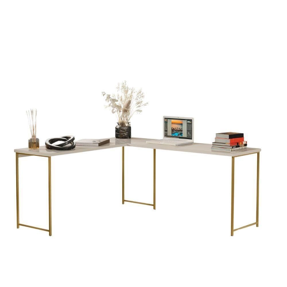 Mesa Em L Sem Prateleira Office Em Mdf Industrial Klm Store Dourado/off White
