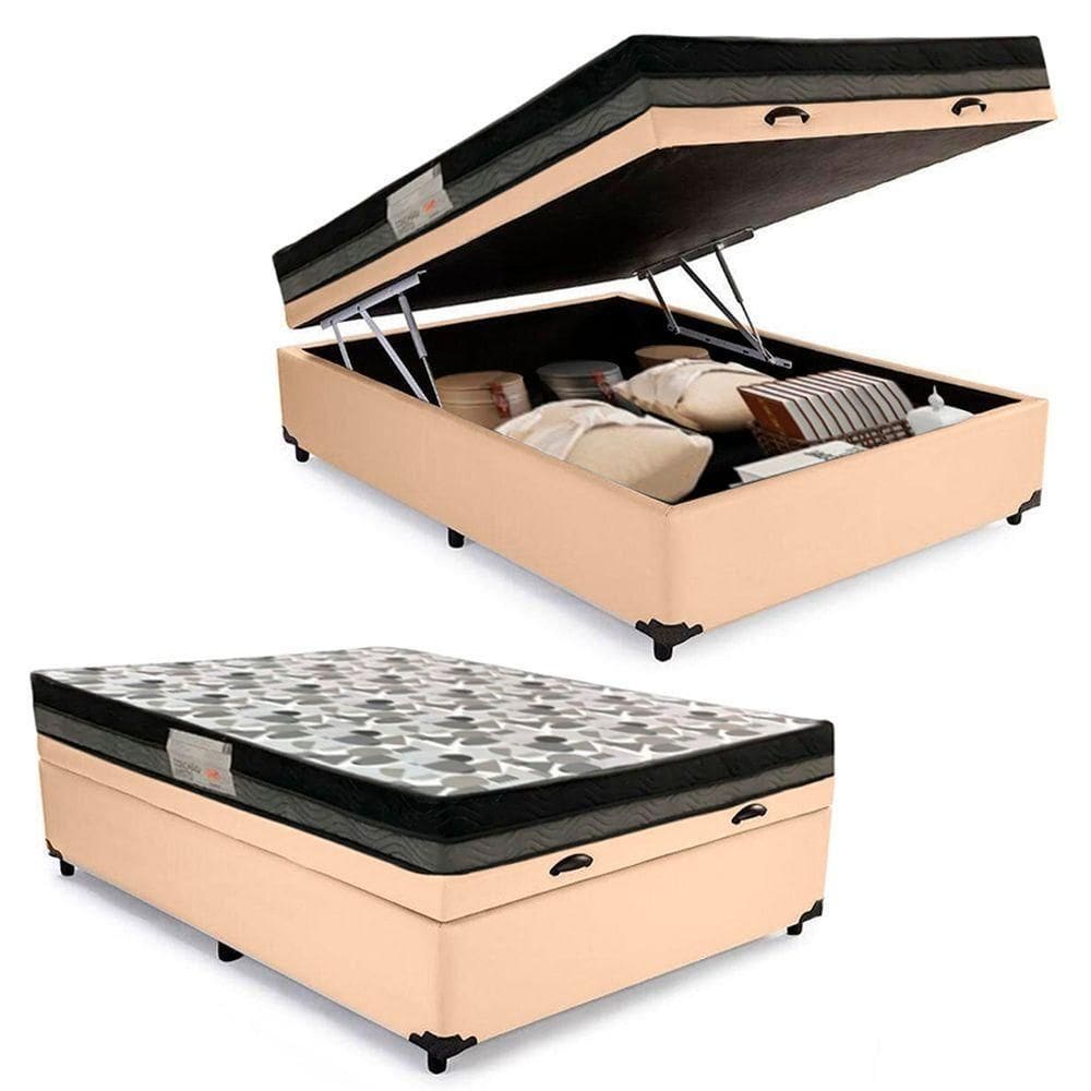 Cama Baú Casal Sintético + Colchão Casal Ortobom Iso Dupla Face 60x138x188 Cor:bege