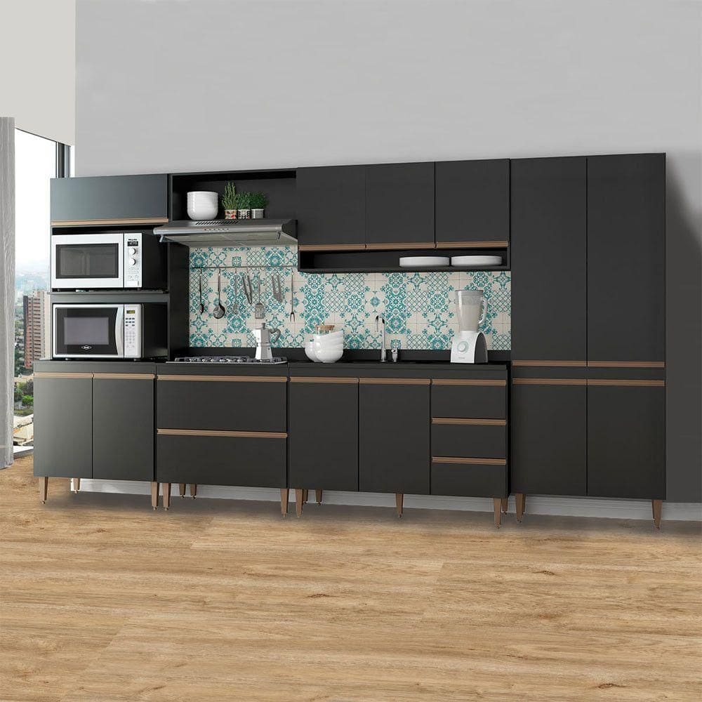 Cozinha Modulada Sabrina 360x202cm 6 Peças Mdp Menu Móveis Preto