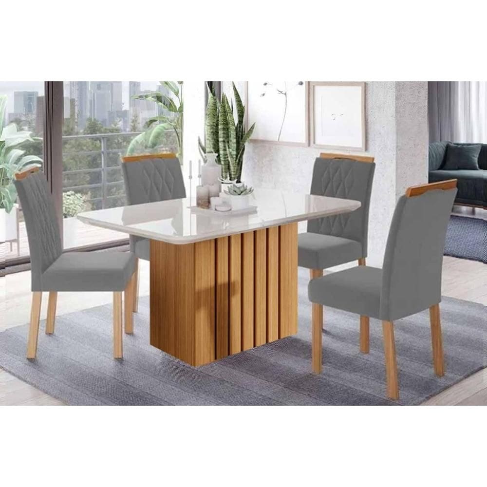 Sala de Jantar Completa Ana Tampo Madeirado c/ Vidro 130x80cm e 4 Cadeiras Juliana Cinamomo/Off White - Carvalho/Linho Grafite - Cimol